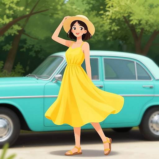 Cheerful Woman by Vintage Car