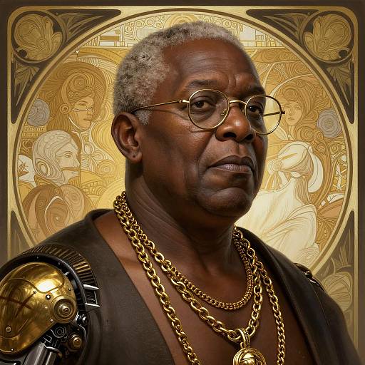 Photograph of a serious, middle-aged Black man with short gray hair, round glasses, wearing gold chains, and a robotic shoulder armor, against a