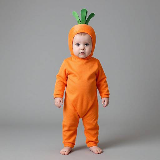 Photograph of a baby wearing an orange carrot onesie with green leafy top, standing barefoot against a plain gray background.