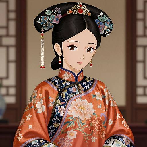 Digital anime-style drawing of a fair-skinned woman with black hair in a floral hairpin, wearing an orange floral qipao with blue and white