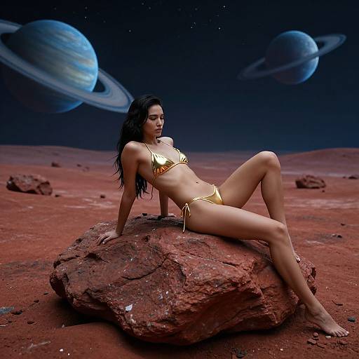 Photorealistic digital art of a slender woman with long black hair in a gold bikini, reclining on a red rock in a Martian landscape with two