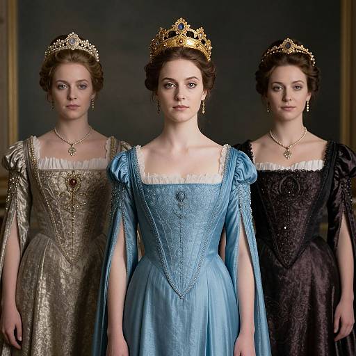 Photograph of three women in Victorian-style dresses, wearing gold crowns, standing in a dark room; central woman in blue dress.