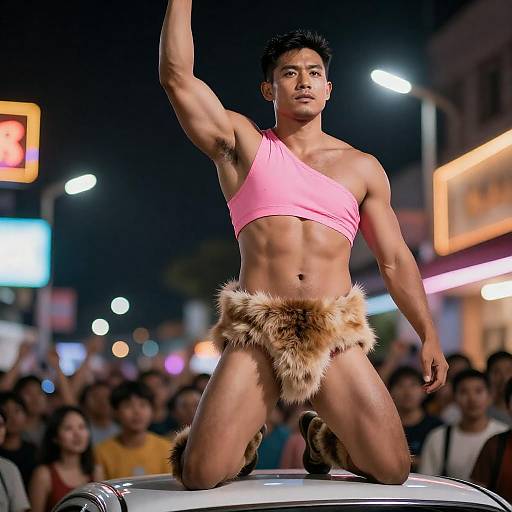 Triumphant Muscular Man on Car Roof