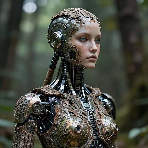 Photorealistic CGI of a female cyborg with metallic, copper-toned armor and intricate mechanical components, standing in a blurred forest background.
