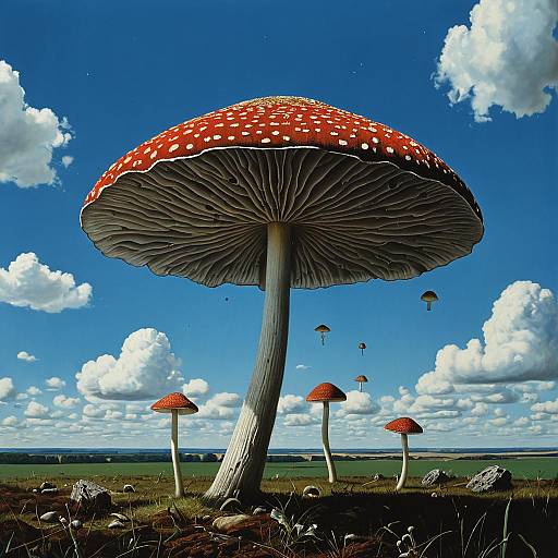 Giant Fly Agaric Mushrooms in Open Field
