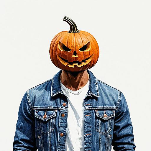 Man with Pumpkin Head in Denim Jacket