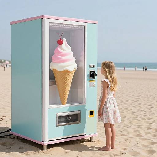 Photograph of a blue ice cream machine shaped like a pink-swirled ice cream cone on a sunny beach, with a young girl in a white