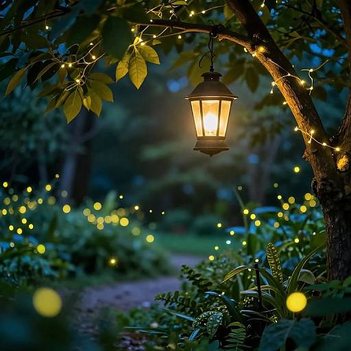 Photograph of a glowing lantern on a tree, surrounded by twinkling fairy lights and blurred, colorful bokeh in a dark, enchanting garden at