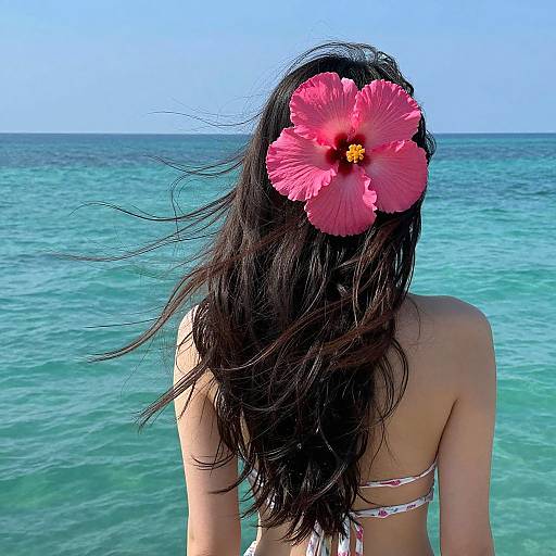 Photograph of a woman with long black hair, a pink hibiscus flower in her hair, facing a turquoise ocean, wearing a bikini,