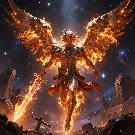 Digital art: Fiery, muscular angel with glowing wings and horns, wielding flaming swords, stands amid a starry, ruined sky.