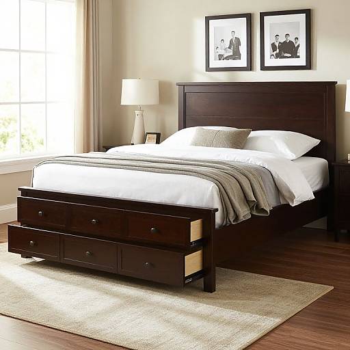 Photograph of a modern bedroom with a dark wooden bed frame, white bedding, beige blanket, two black-and-white portraits, and a beige rug on