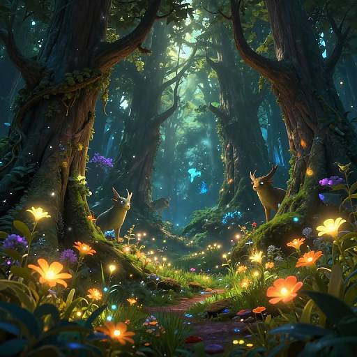 Enchanted Forest with Glowing Flowers and Mythical Creatures