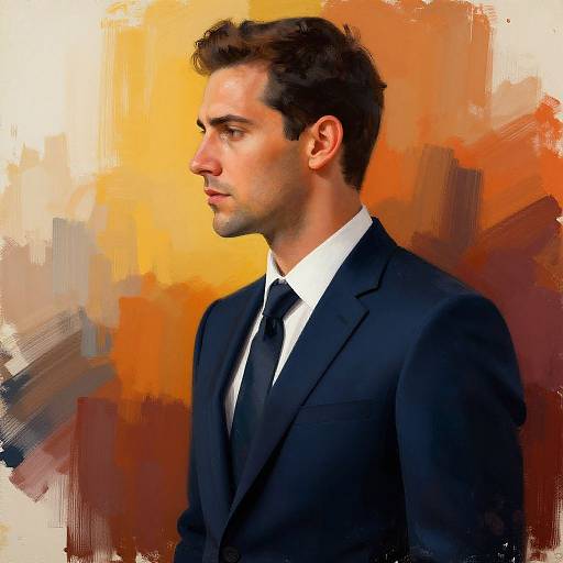 Photorealistic digital portrait of a handsome, fair-skinned man with short dark hair, wearing a black suit, white shirt, and black tie,