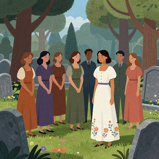 Group in Cemetery with Woman in White Dress