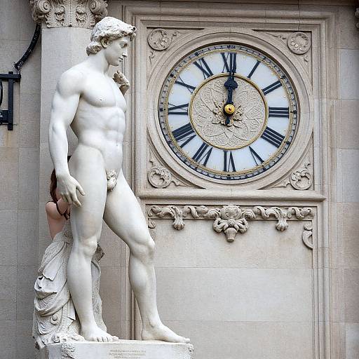 Photograph of a nude, muscular white marble statue of a classical male figure standing beside an ornate clock with Roman numerals.
