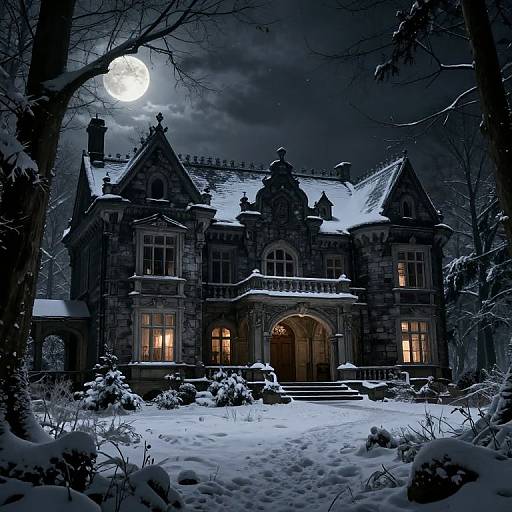 Photograph of a Gothic-style, snow-covered mansion at night, illuminated by moonlight with warm yellow windows, surrounded by snow-laden trees.