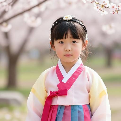 Photograph of a young Asian girl with black hair in a white and pink traditional hanbok, standing in a sunny, cherry blossom-filled park.
