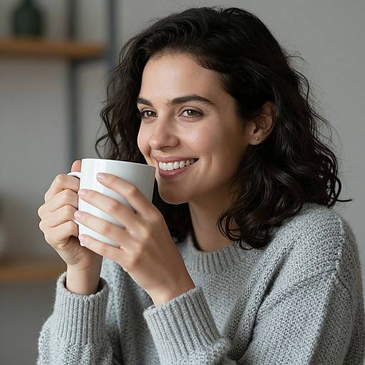 Photograph of a smiling woman with wavy black hair, wearing a gray knit sweater, holding a white mug close to her face. Background is a