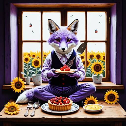 Whimsical Lavender Fox with Berry Tart on Window Seat
