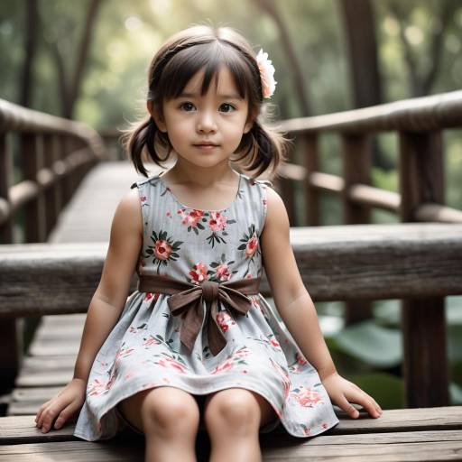 Toddler Girl in Floral Dress on Wooden Bridge