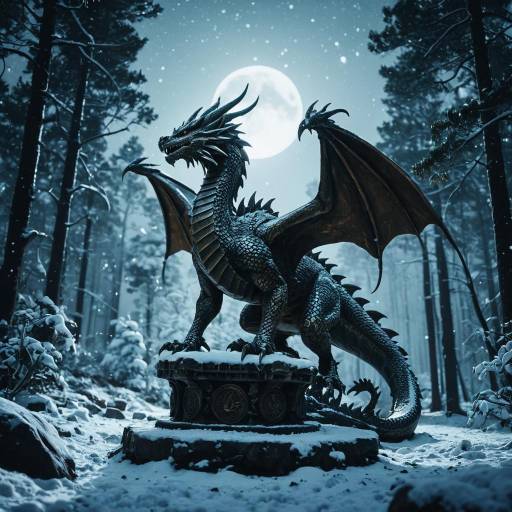 Ancient Bronze Dragon Statue in Snowy Forest