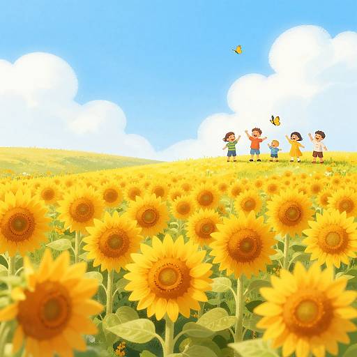 Colorful digital illustration of a sunflower field with four children in the background, wearing bright clothes, under a blue sky with white clouds. A yellow