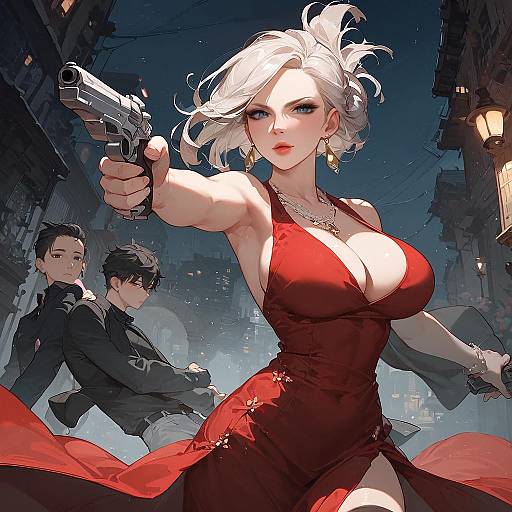 Digital art: Confident white-haired woman in red dress with large breasts, pointing gun forward. Two men in dark suits follow behind in nighttime urban setting