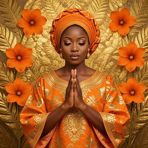 Photorealistic image of a dark-skinned woman with orange traditional attire and headwrap, hands in prayer, surrounded by golden leaves and orange flowers,