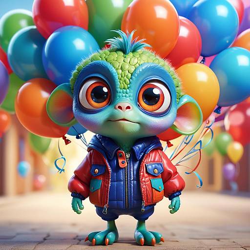 Cute green creature with balloons