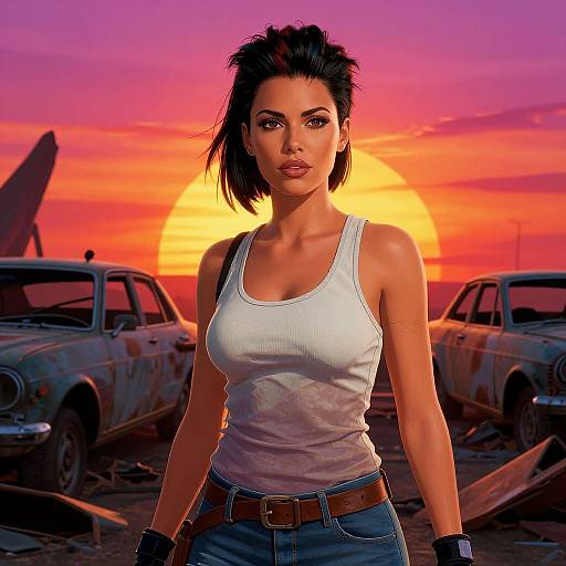 Digital art: Strong, dark-haired woman in white tank top and jeans, standing in front of abandoned cars at a vibrant sunset.