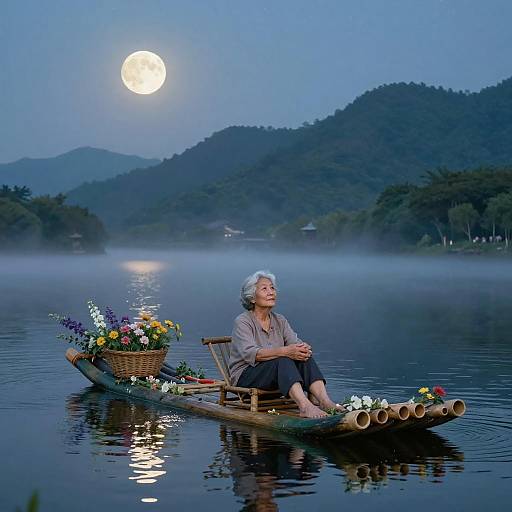 Tranquil Elderly Woman on Flower Raft