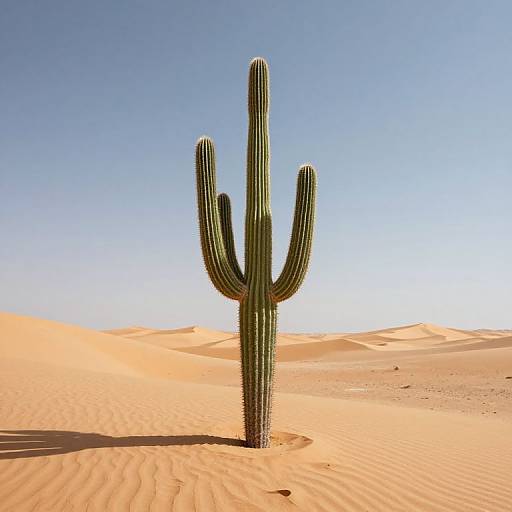 Photograph of a solitary, green, ribbed cactus with four arms standing in a vast, sunlit, orange desert under a clear blue sky
