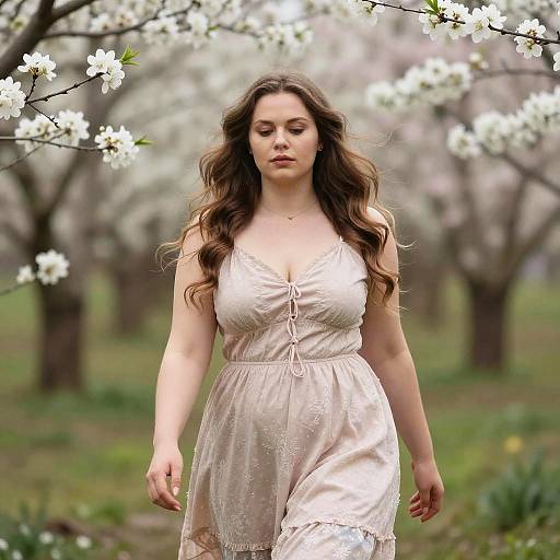 Photograph of a fair-skinned woman with long brown hair in a pale pink, lace-trimmed dress, walking through a blooming cherry blossom