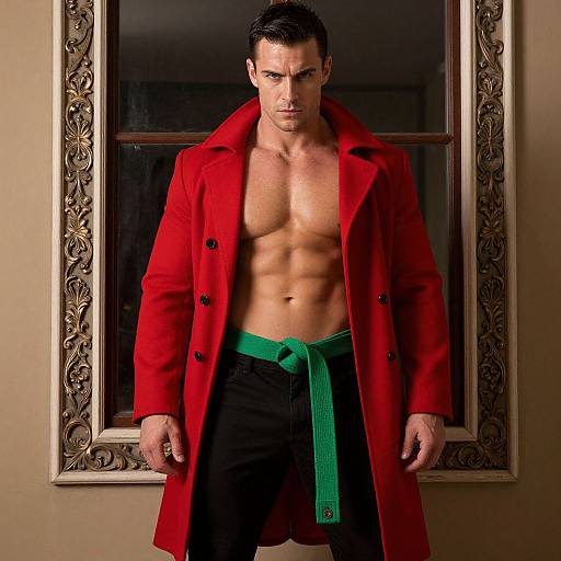 Photograph of a muscular, shirtless man with short dark hair, wearing a red coat, green waist tie, and black shorts, standing in front