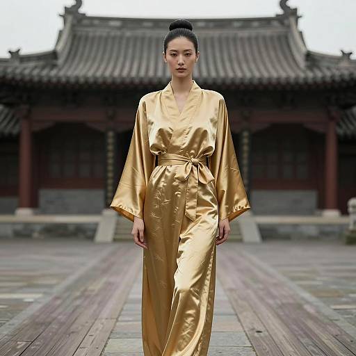 Elegant Asian Woman in Gold Silk Robe