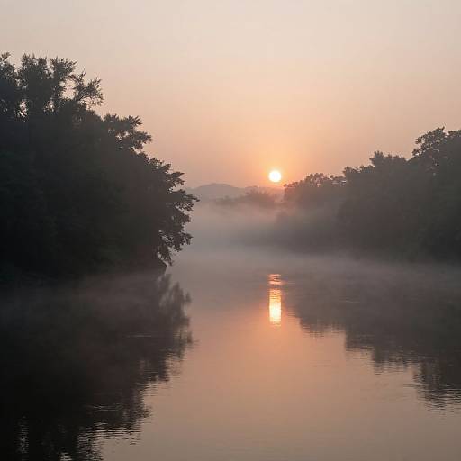 Photograph of a serene sunrise over a misty river, with silhouetted trees on both sides, reflecting the sun's orange glow.