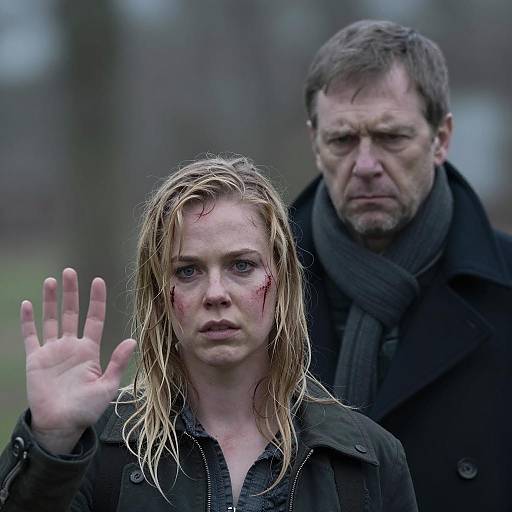 Blonde Woman with Blood and Serious Man Behind