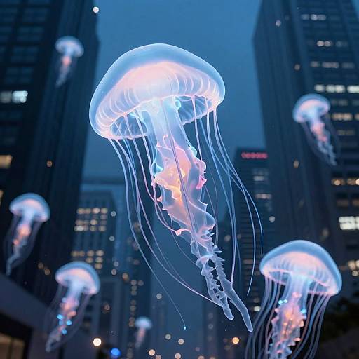 Luminous Giant Jellyfish Among Skyscrapers