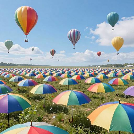 Photograph of a vibrant field with colorful umbrellas, dotted with hot air balloons in the bright blue sky.