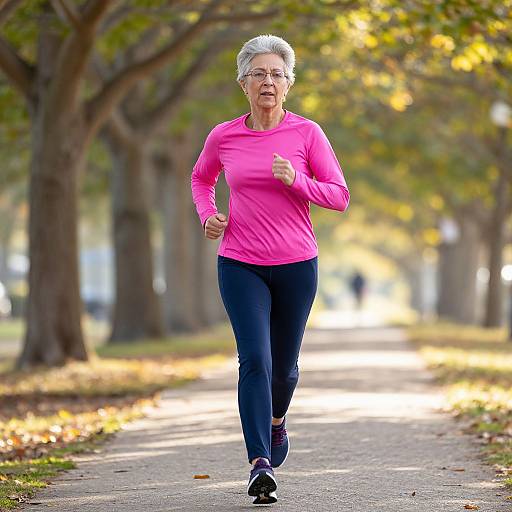 Photograph of an elderly woman with short gray hair, wearing a bright pink long-sleeve shirt and dark blue pants, jogging on a sunny tree