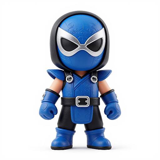 Chibi-style action figure of a blue-masked ninja with black hood, blue armor, black belt, and gloves, standing against a white background.