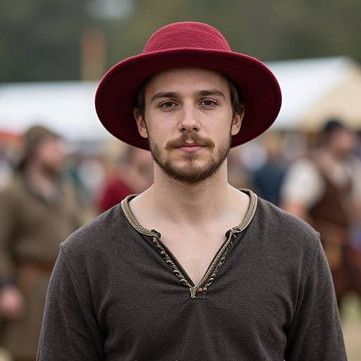 Photograph of a bearded man with fair skin, brown eyes, and a mustache, wearing a red hat and black medieval-style shirt, blurred