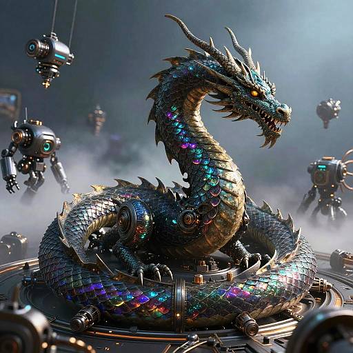 Digital artwork of a shimmering, iridescent dragon with glowing scales, surrounded by robotic drones in a foggy, futuristic arena.