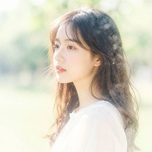 Photograph of an Asian woman with long, wavy black hair, wearing a white shirt, illuminated by bright sunlight, looking to the side, with