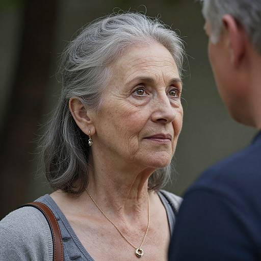 Photograph of an elderly woman with gray hair, wearing a gray top, gold necklace, and earrings, looking thoughtfully at an older man with gray