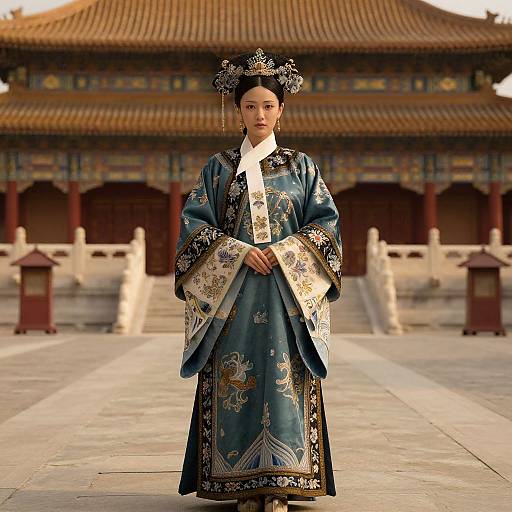 Photograph of a traditional Korean woman in an elaborate blue floral hanbok with ornate silver hairpiece, standing in front of a historic royal palace
