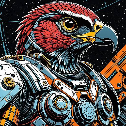Vivid Robotic Falcon in Space Comic Art