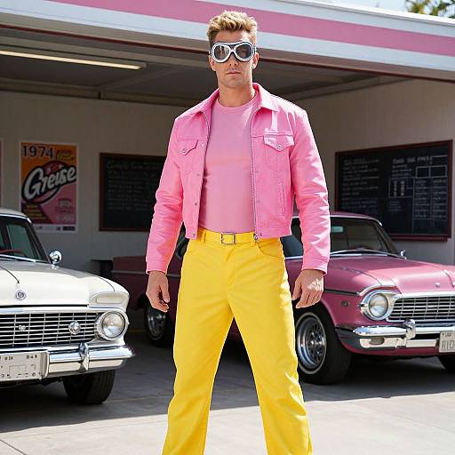 Photograph of a stylish man in a pink leather jacket, pink shirt, yellow pants, and white sunglasses, standing in front of vintage pink and white