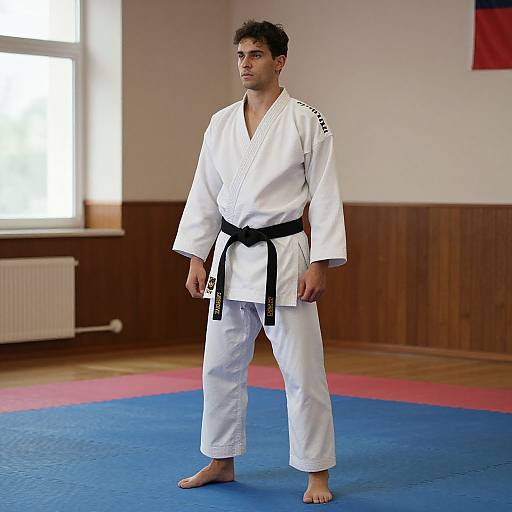 Photograph of a young man with short, curly dark hair, wearing a white judo gi with black belt, standing barefoot on blue and red