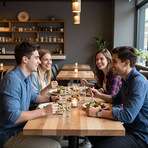Photograph of four smiling young adults, two men and two women, in a modern café, eating salads at wooden tables with lit candles.